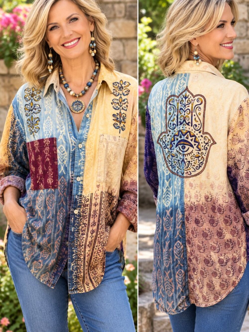 Upcycled Hand Painted Hamsa Shirt - Bleached Yellow Blue Purple S/M Unis